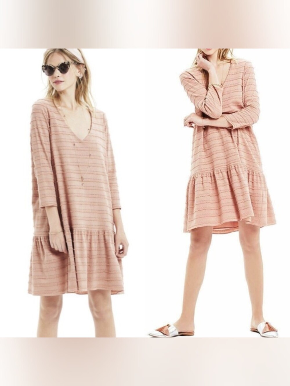 Hatch Maternity The Layla Fringe Drop Waist V Neck Dress Clay Pink Sz 1 (Small)